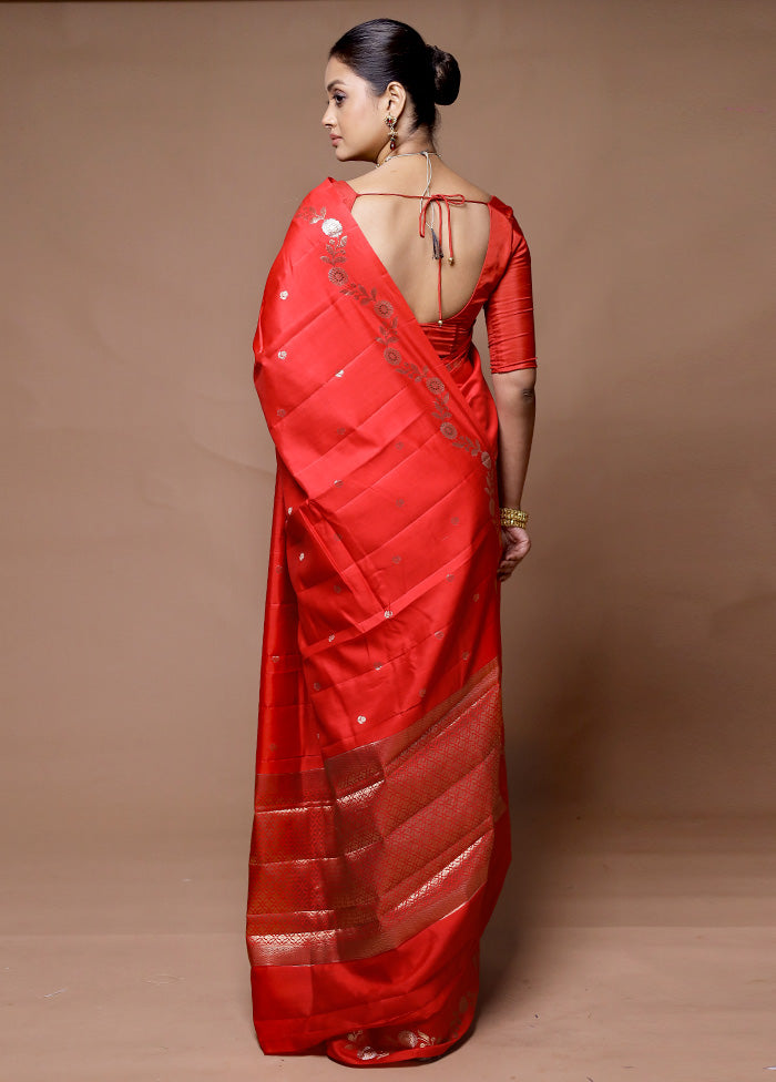 Red Handloom Dupion Pure Silk Saree With Blouse Piece