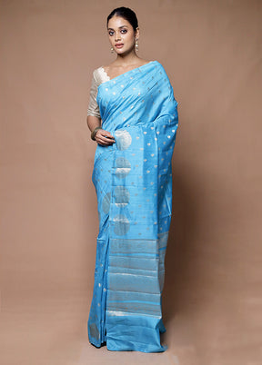 Blue Handloom Dupion Pure Silk Saree With Blouse Piece