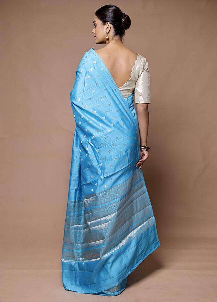 Blue Handloom Dupion Pure Silk Saree With Blouse Piece