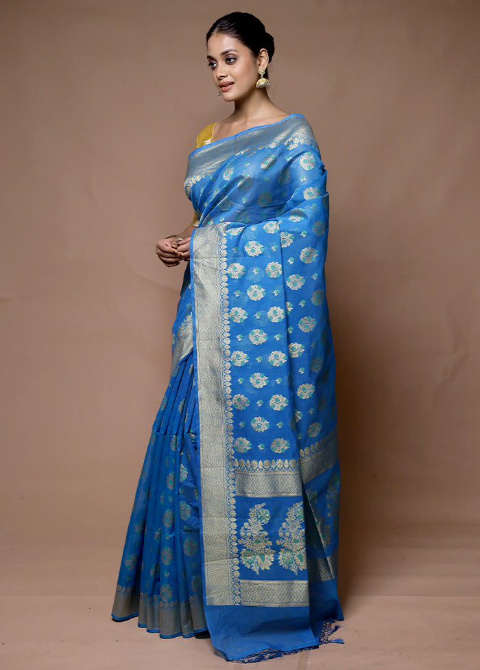 Blue Kora Silk Saree With Blouse Piece