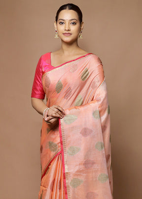 Peach Kora Silk Saree With Blouse Piece