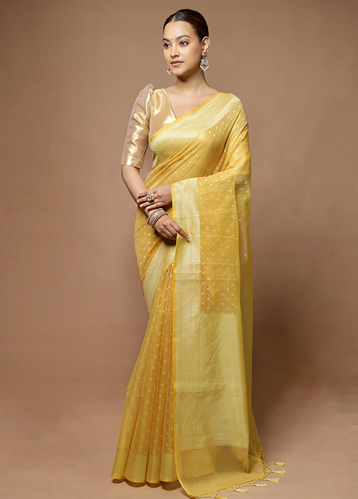 Yellow Kora Silk Saree With Blouse Piece