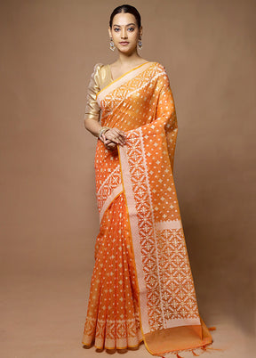 Orange Kora Silk Saree With Blouse Piece