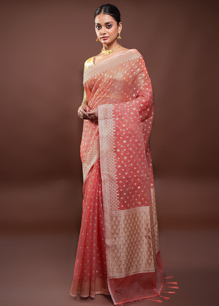 Peach Kora Silk Saree With Blouse Piece