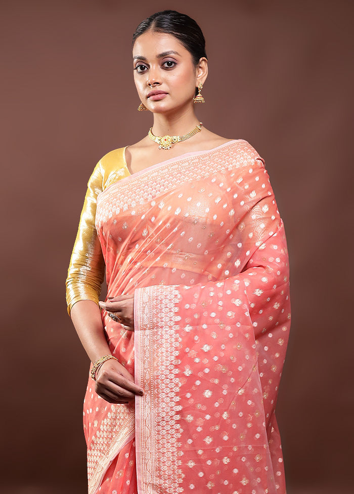 Peach Kora Silk Saree With Blouse Piece