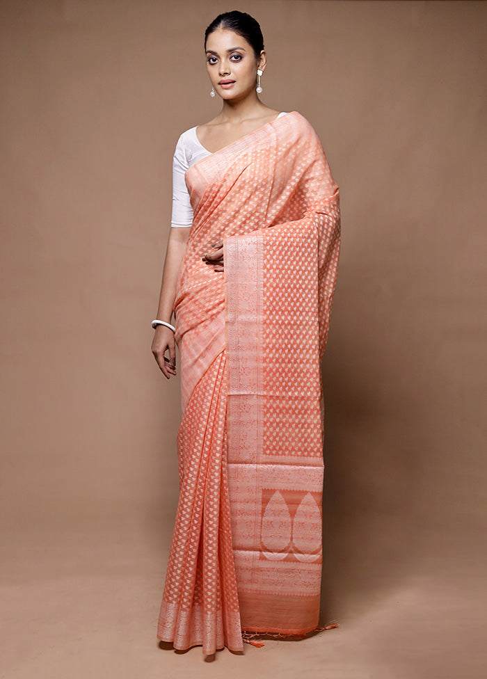 Peach Kora Silk Saree With Blouse Piece