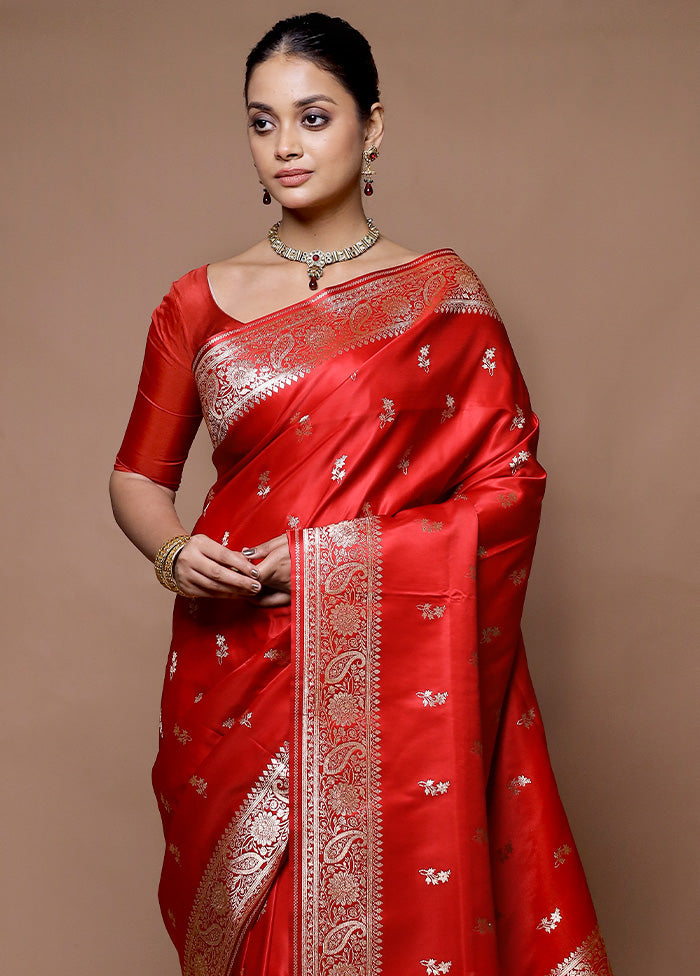 Red Banarasi Silk Saree With Blouse Piece