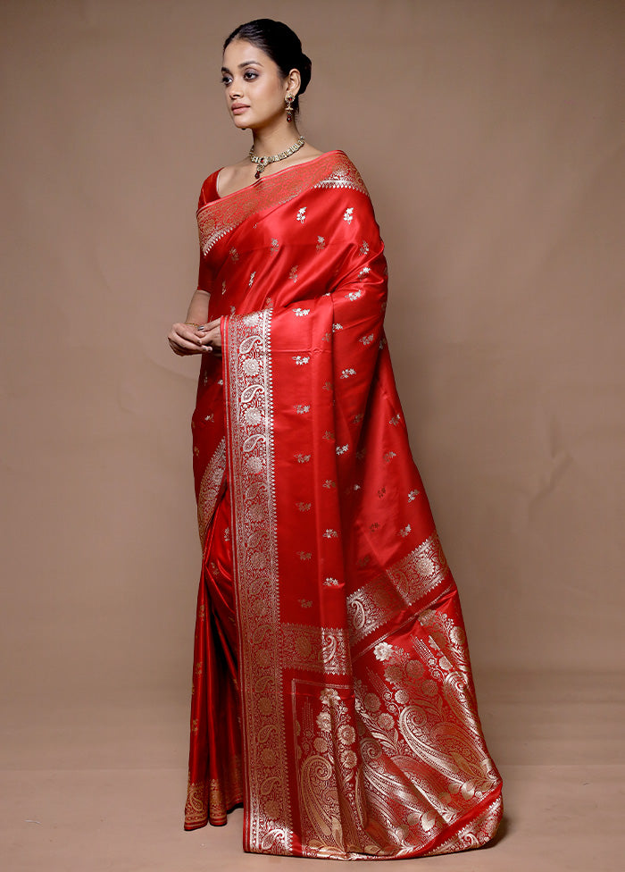 Red Banarasi Silk Saree With Blouse Piece