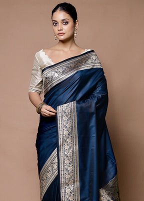 Blue Katan Silk Saree With Blouse Piece