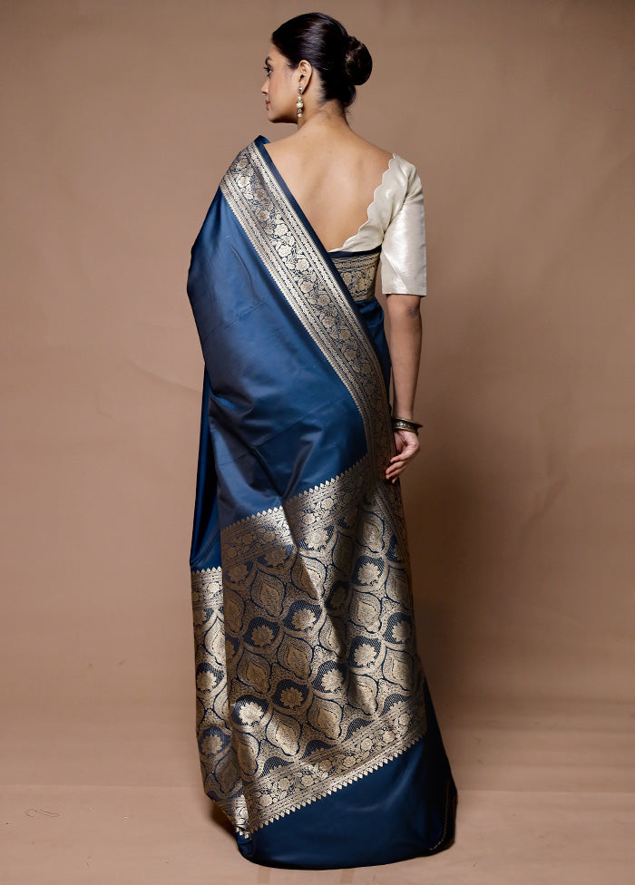 Blue Katan Silk Saree With Blouse Piece