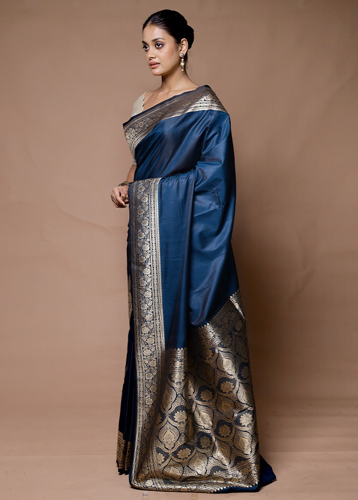 Blue Katan Silk Saree With Blouse Piece