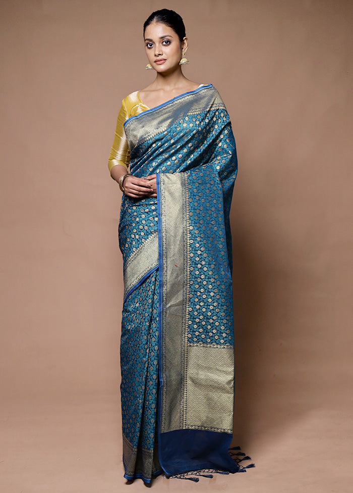 Blue Kora Silk Saree With Blouse Piece