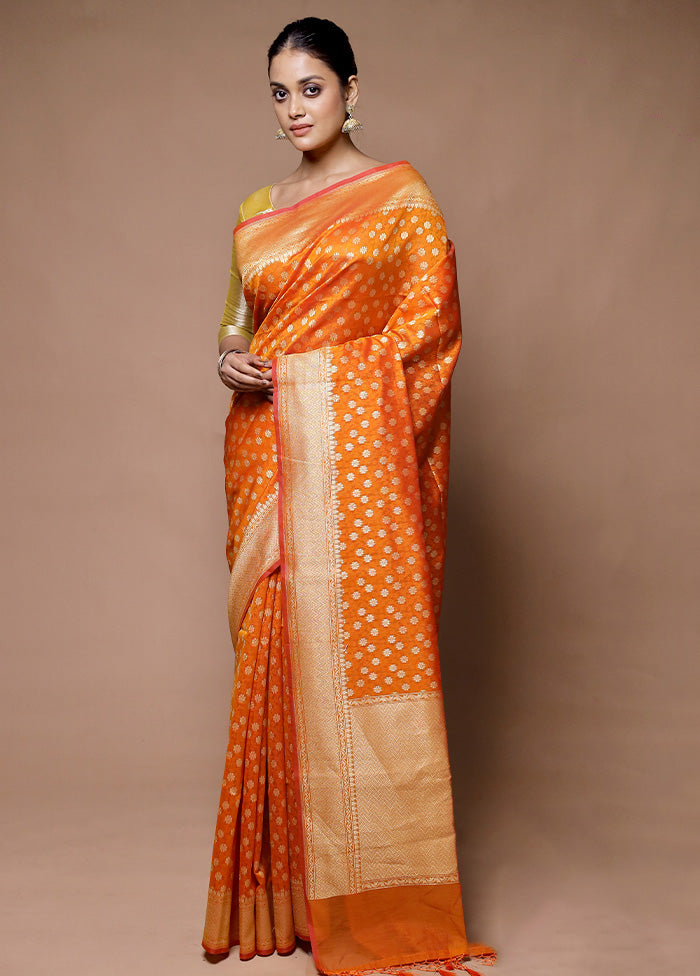 Orange Kora Silk Saree With Blouse Piece