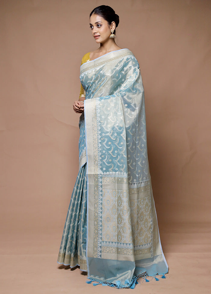 Blue Tissue Silk Saree With Blouse Piece