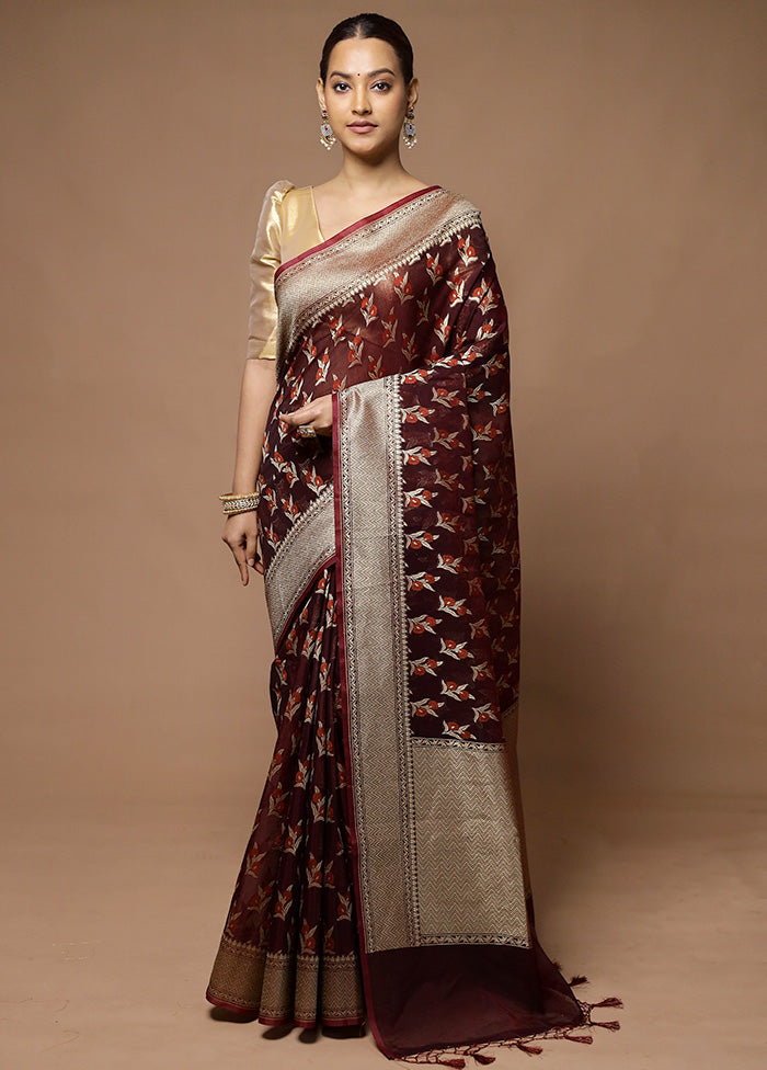 Wine Kora Silk Saree With Blouse Piece