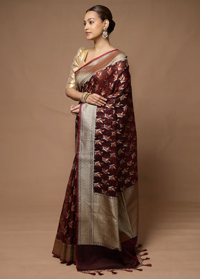 Wine Kora Silk Saree With Blouse Piece