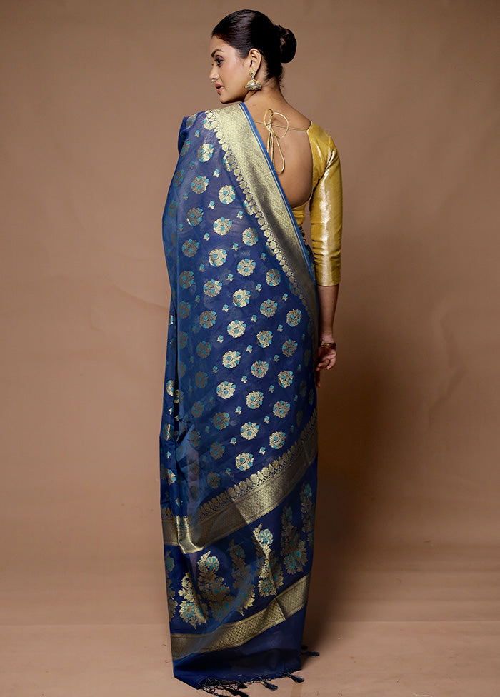 Blue Kora Silk Saree With Blouse Piece