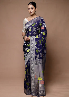 Blue Dupion Silk Saree With Blouse Piece