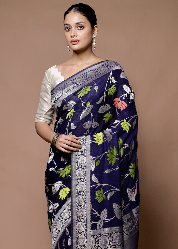 Blue Dupion Silk Saree With Blouse Piece