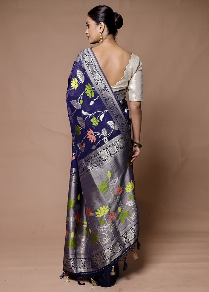 Blue Dupion Silk Saree With Blouse Piece