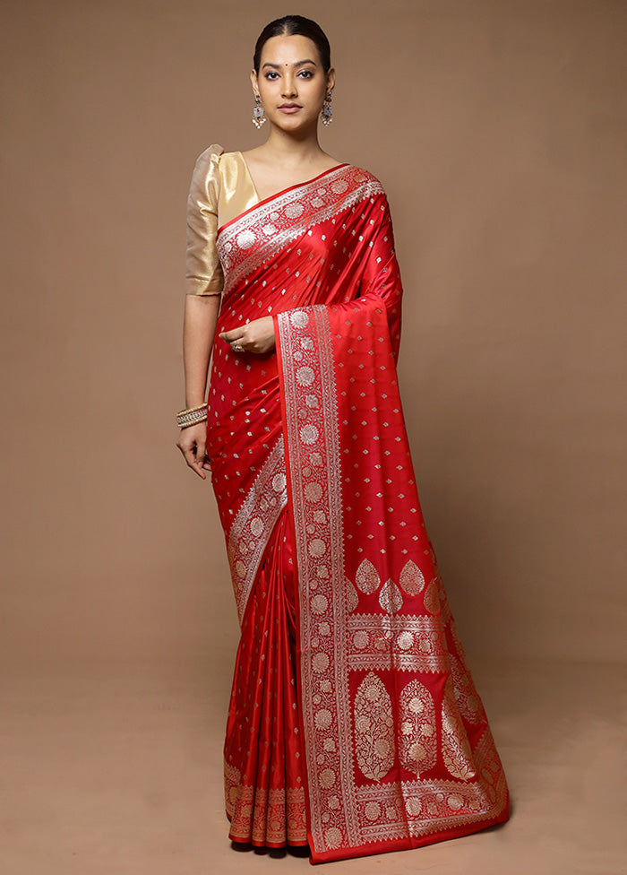 Red Banarasi Silk Saree With Blouse Piece