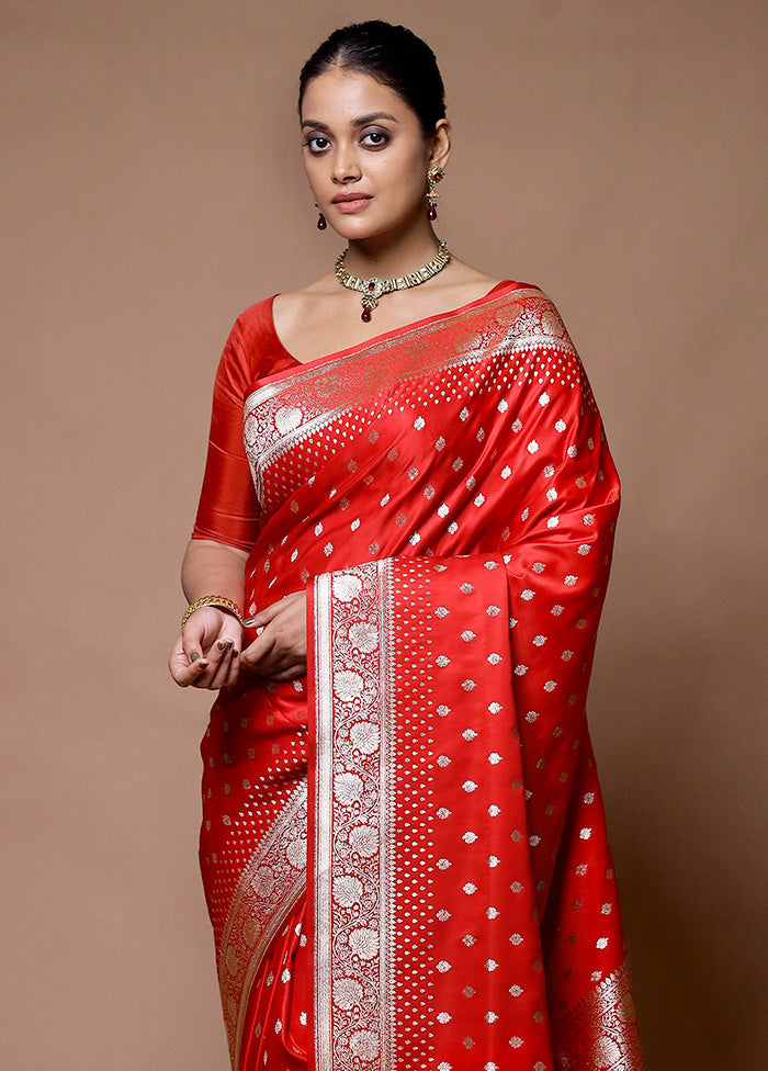 Red Banarasi Silk Saree With Blouse Piece