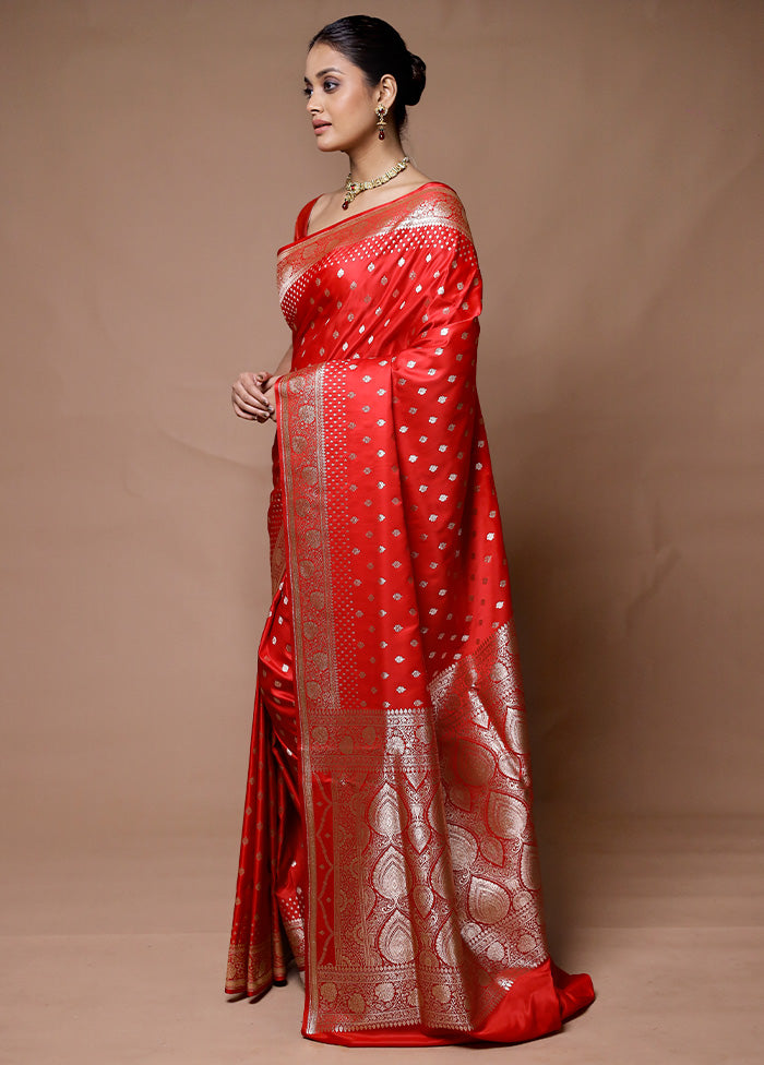 Red Banarasi Silk Saree With Blouse Piece