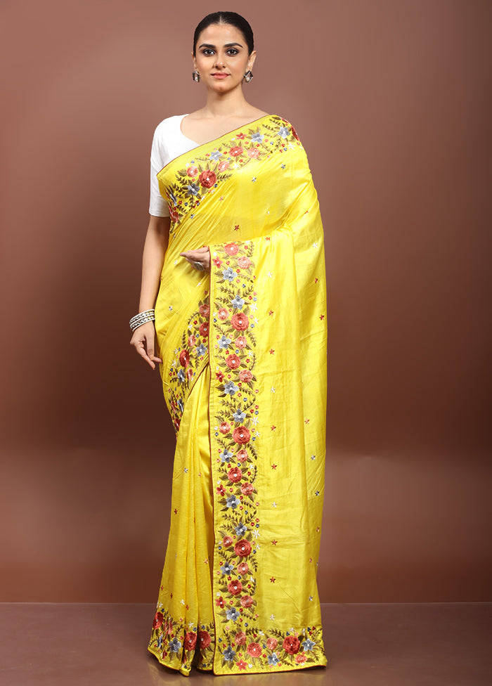 Yellow Handloom Tussar Pure Silk Saree With Blouse Piece