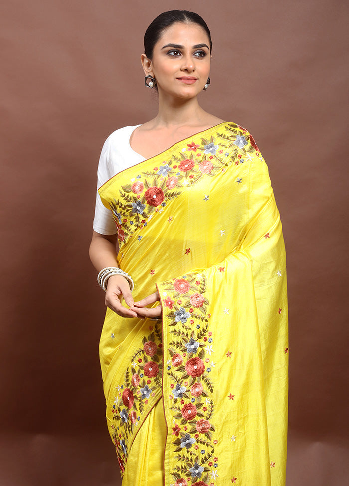 Yellow Handloom Tussar Pure Silk Saree With Blouse Piece