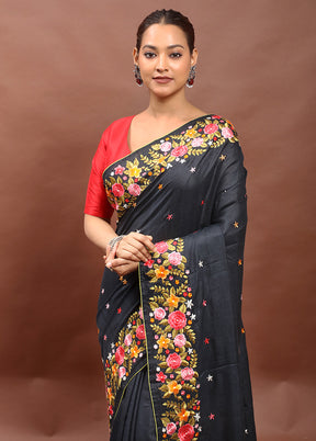 Black Handloom Tussar Pure Silk Saree With Blouse Piece