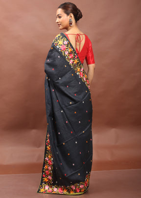 Black Handloom Tussar Pure Silk Saree With Blouse Piece