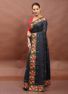 Black Handloom Tussar Pure Silk Saree With Blouse Piece