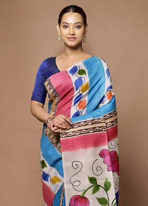 Blue Printed Pure Silk Saree Without Blouse Piece