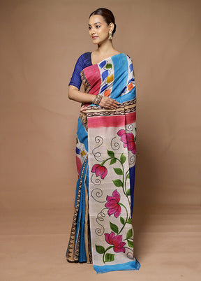 Blue Printed Pure Silk Saree Without Blouse Piece