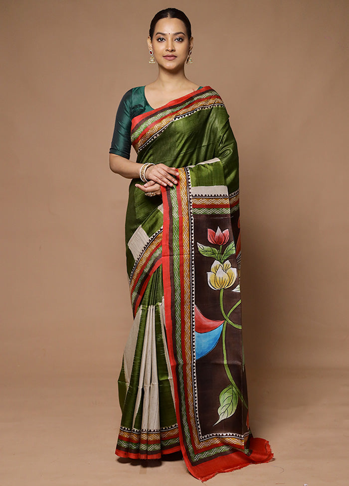 Green Printed Pure Silk Saree Without Blouse Piece