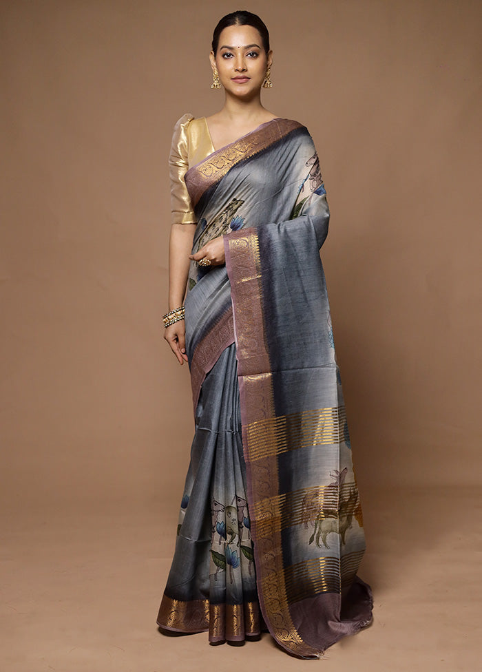 Grey Tussar Silk Saree With Blouse Piece