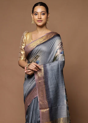 Grey Tussar Silk Saree With Blouse Piece