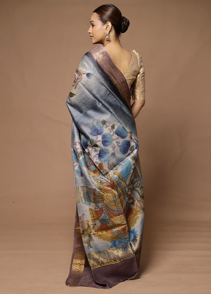 Grey Tussar Silk Saree With Blouse Piece