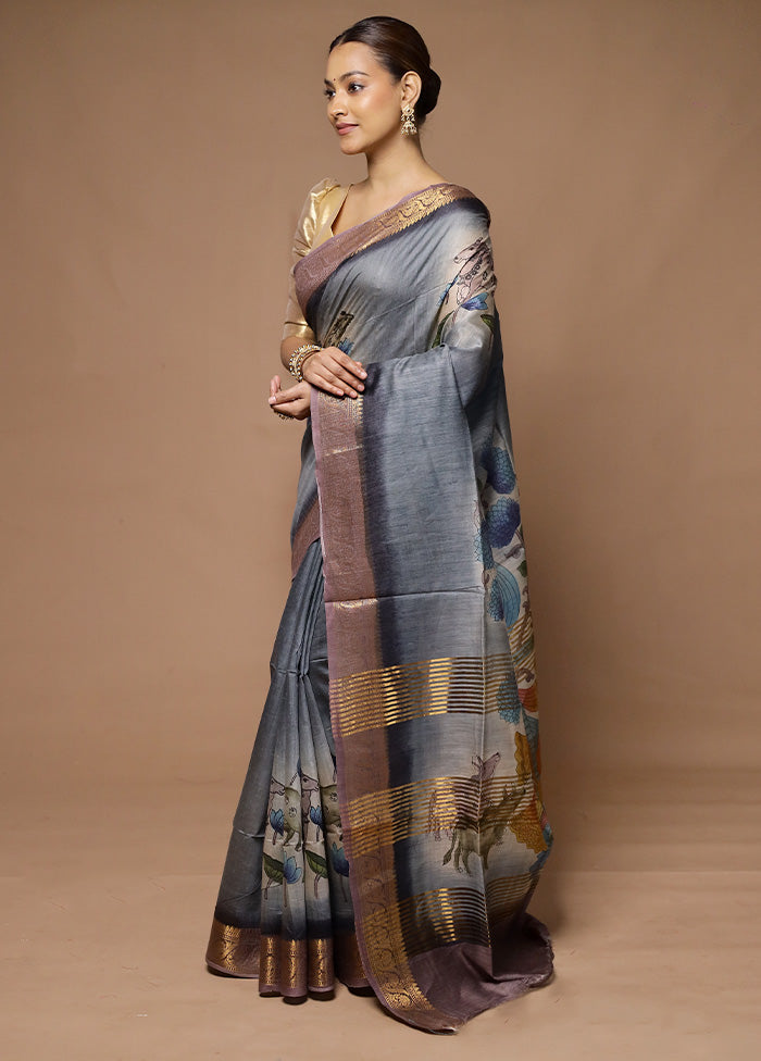 Grey Tussar Silk Saree With Blouse Piece