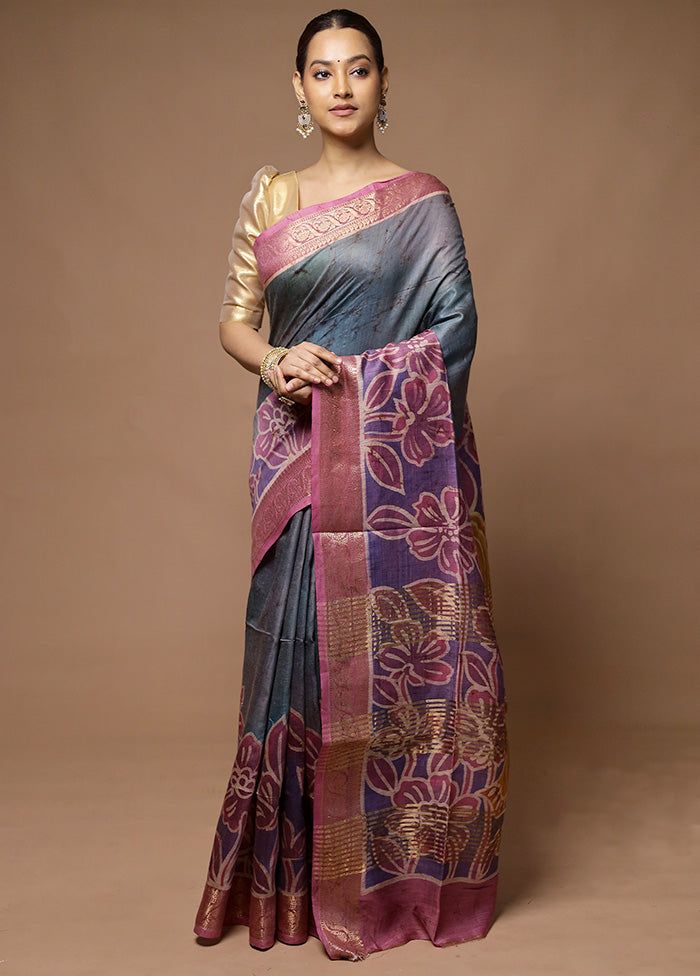 Grey Tussar Silk Saree With Blouse Piece