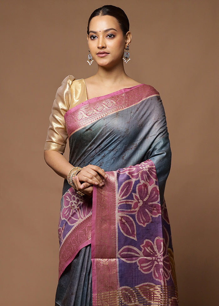 Grey Tussar Silk Saree With Blouse Piece