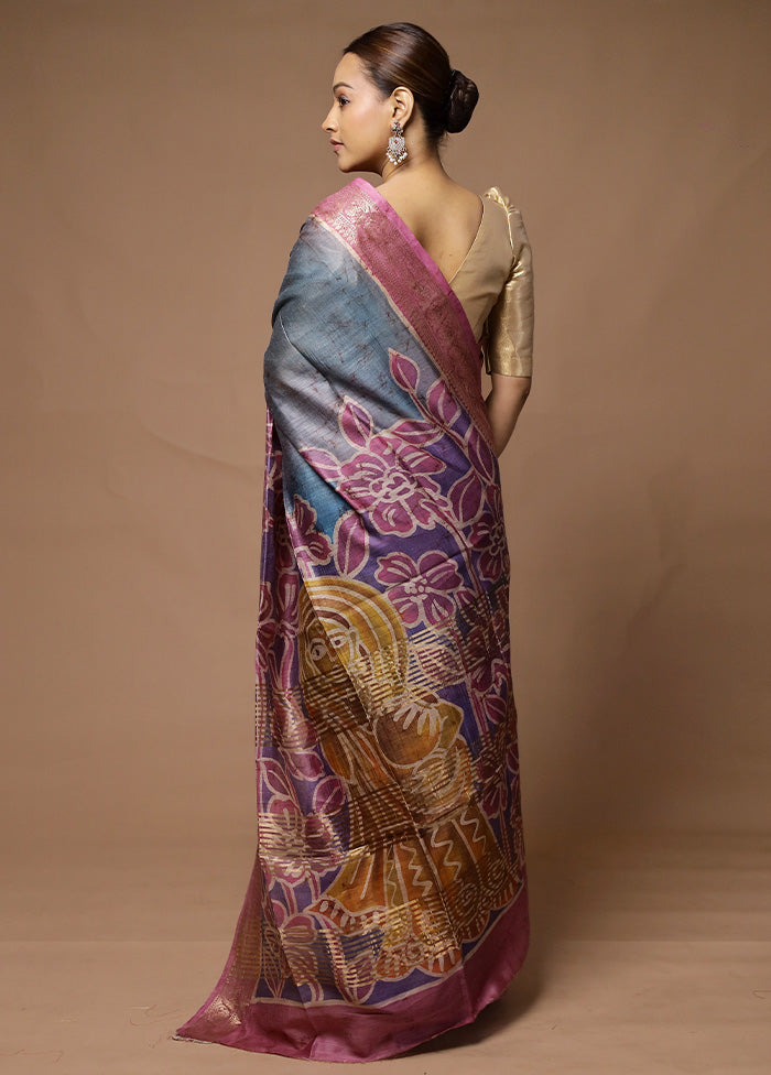 Grey Tussar Silk Saree With Blouse Piece