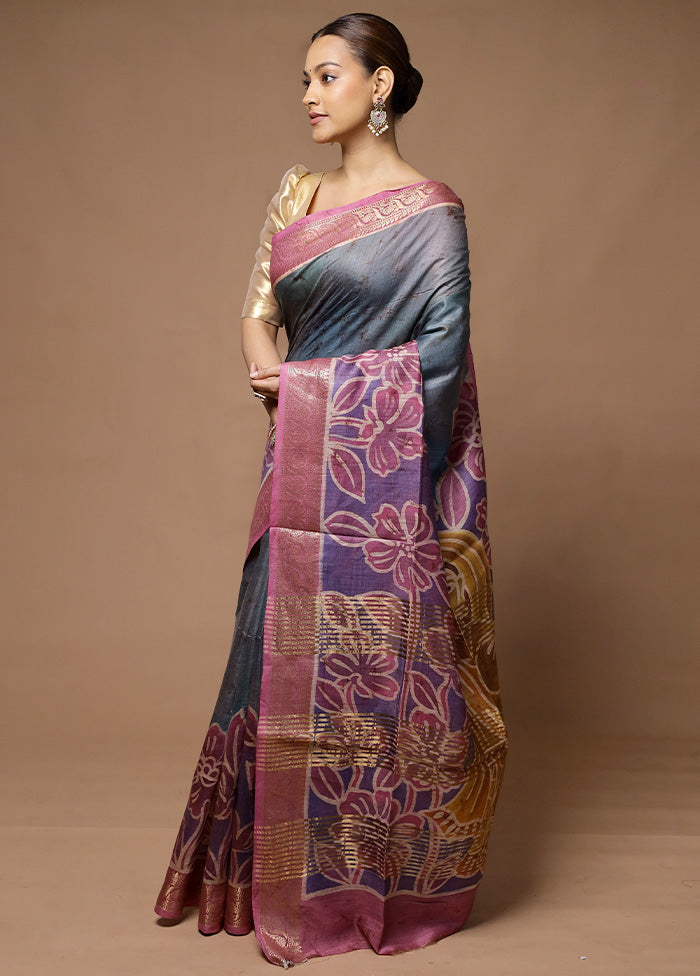 Grey Tussar Silk Saree With Blouse Piece