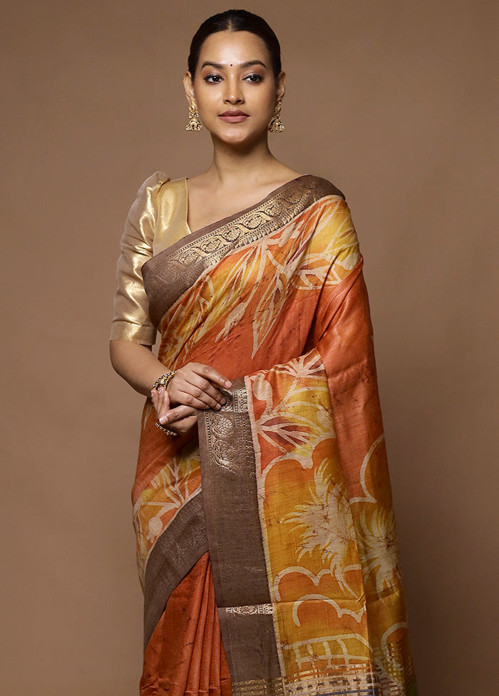 Orange Tussar Silk Saree With Blouse Piece