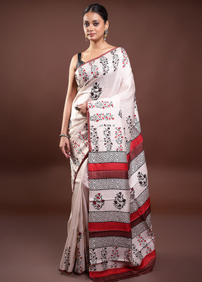 Cream Printed Pure Silk Saree Without Blouse Piece