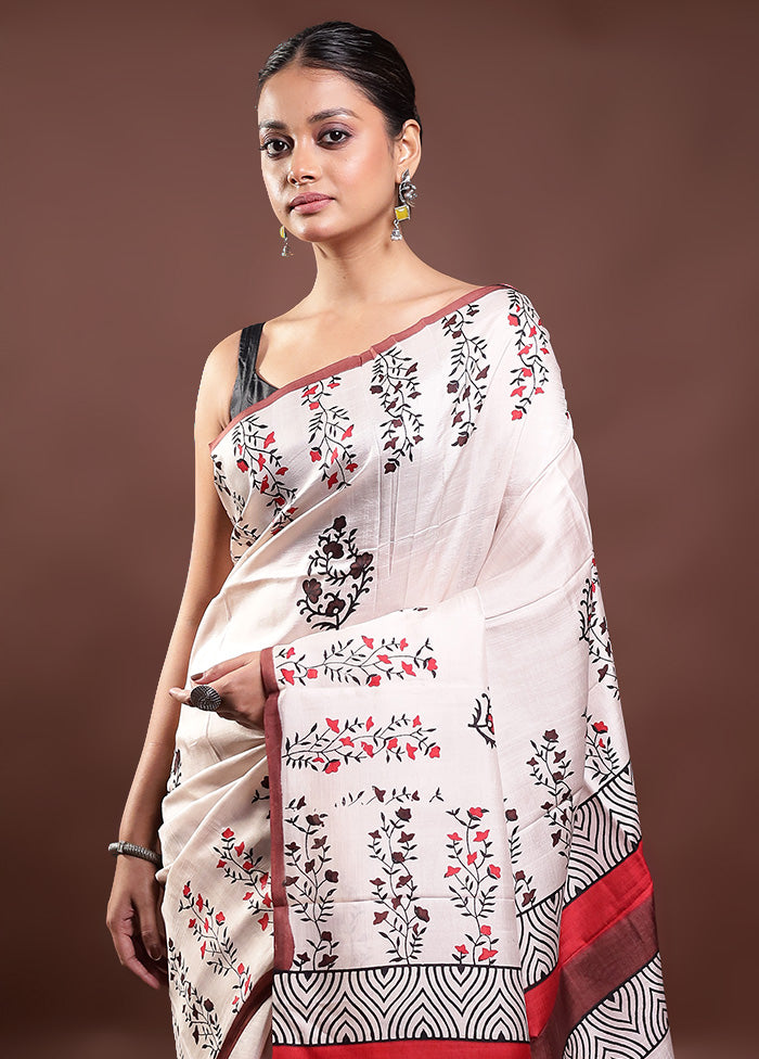 Cream Printed Pure Silk Saree Without Blouse Piece