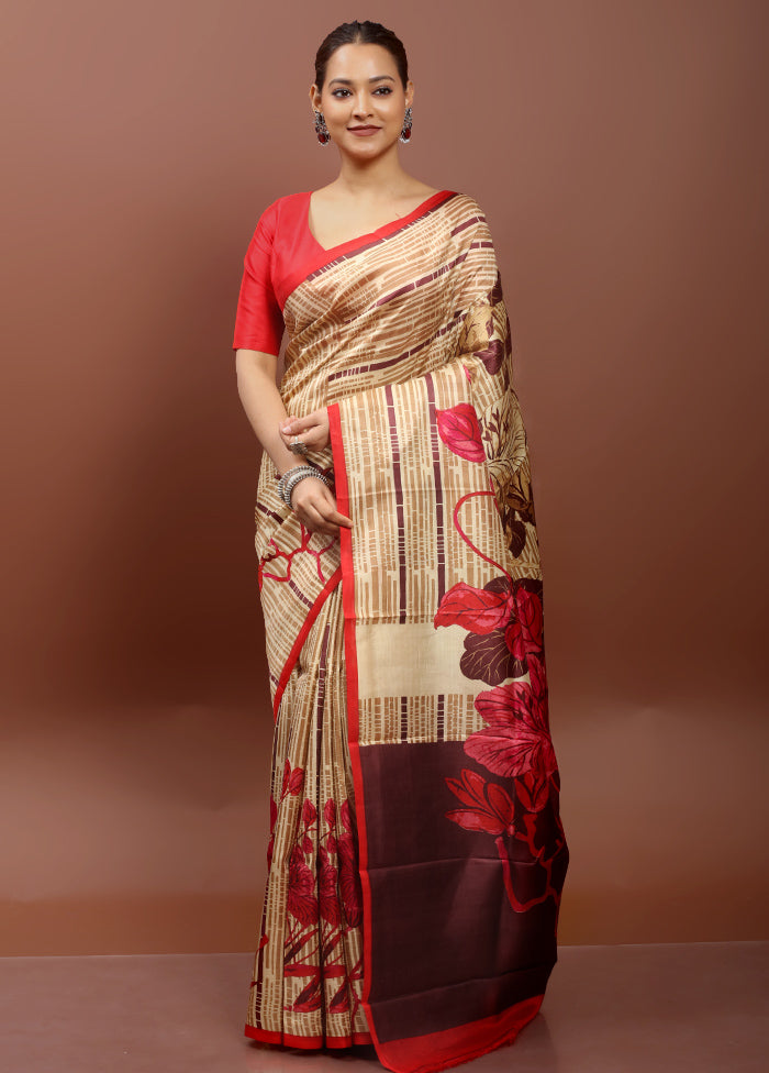 Cream Printed Pure Silk Saree Without Blouse Piece