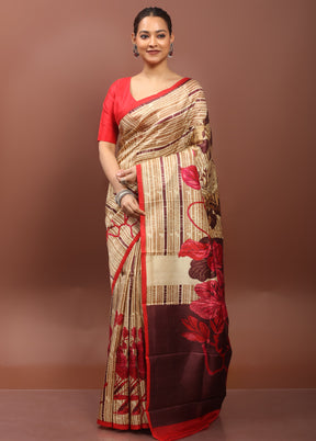 Cream Printed Pure Silk Saree Without Blouse Piece