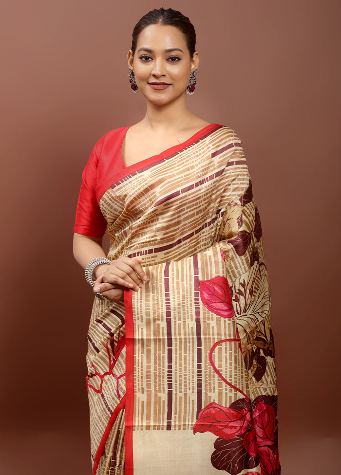 Cream Printed Pure Silk Saree Without Blouse Piece