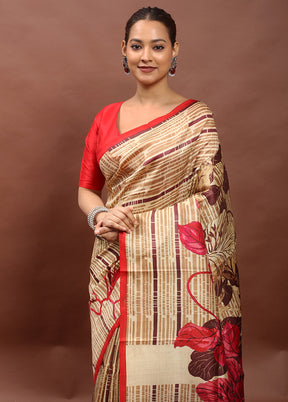 Cream Printed Pure Silk Saree Without Blouse Piece